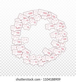 Social media icons. Social media marketing concept. Falling pink like counter. Round frame elements on transparent grid background.