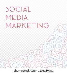 Social media icons. Social media marketing concept. Falling scattered thumbs up hearts. Bottom right corner elements on transparent grid background.