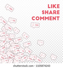 Social media icons. Social media marketing concept. Falling counter comment friend notification. Scattered bottom left corner elements on transparent grid background.