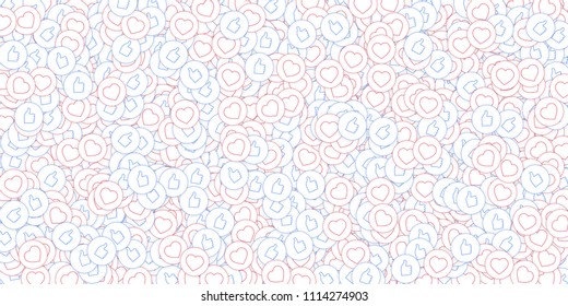 Social media icons. Social media marketing concept. Falling scattered thumbs up hearts. Wide scatter elements on white background.