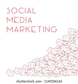 Social media icons. Social media marketing concept. Falling counter comment friend notification. Bottom right corner elements on white background.