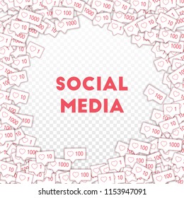 Social media icons. Social media marketing concept. Falling pink like counter. Round random frame elements on transparent grid background.