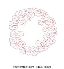 Social media icons. Social media marketing concept. Falling pink like counter. Round frame elements on white background.