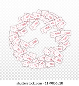 Social media icons. Social media marketing concept. Falling counter comment friend notification. Round frame elements on transparent grid background.