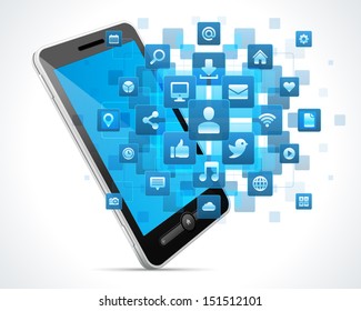 Social media icons and mobile phone vector background 