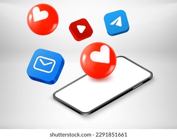 Social media icons with modern smartphone. 3d vector illuistration