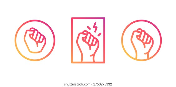 Social media icons for the Movement against Racism. Gradient vector signs of a raised fist on white background. Stylized symbols of strength, struggle for equality. # Black lives matter. EPS10