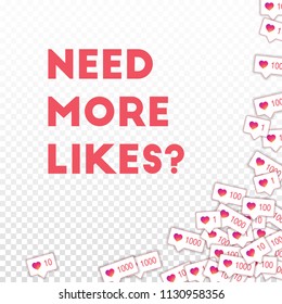 Social media icons. Need more likes concept. Falling gradient like counter. Fine abstract right bottom corner elements on transparent grid background.