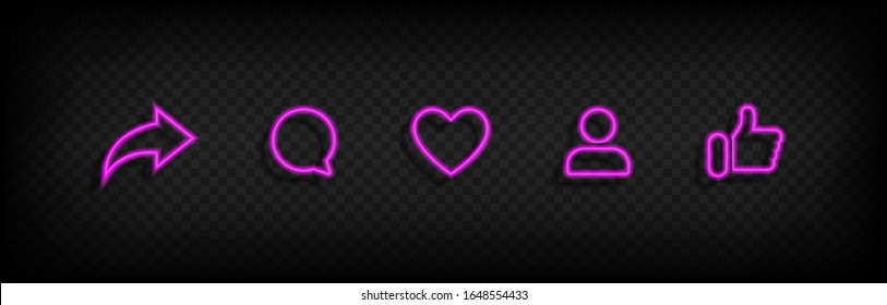 Social media icons in neon style thumb up and heart icon with repost and comment. Flat signs icons on white background. Vector