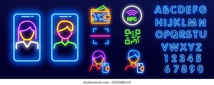 Social Media Icons in neon style. Mobile account line icon, create new my profile for profile network.