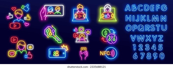 Social Media Icons in neon style. Mobile account line icon, create new my profile for profile network.