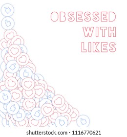 Social media icons. Obsessed with likes concept. Falling scattered thumbs up hearts. Bottom left corner elements on white background.