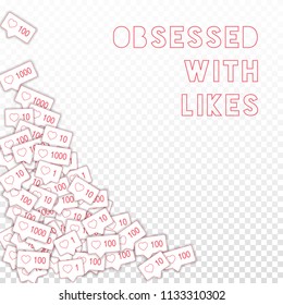 Social media icons. Obsessed with likes concept. Falling pink like counter. Uncommon bottom left corner elements on transparent grid background.