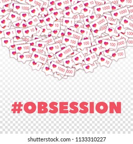 Social media icons. Social media obsession concept. Falling gradient like counter. Top semicircle square elements on transparent grid background.