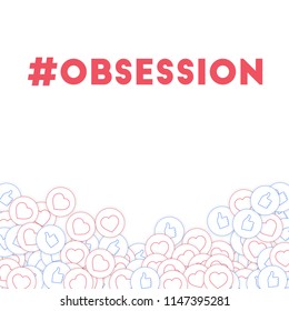 Social media icons. Social media obsession concept. Falling scattered thumbs up hearts. Delicate abstract bottom elements on white background.