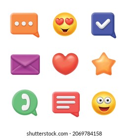 Social media icons. Online social communication in speech bubbles, emoji, hearts, chat, e-mail and chart. 3d vector set.