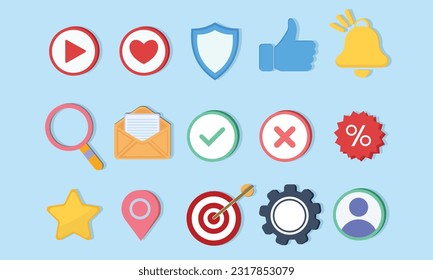 Social media icons, online communication, digital marketing symbols. Like button, speech bubble, notification bell, hashtag icon vector set. Elements for networking sites, applications.