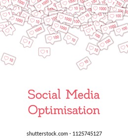 Social media icons. Social media optimisation concept. Falling pink like counter. Scatter top gradient elements on white background.