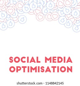 Social media icons. Social media optimisation concept. Falling scattered thumbs up hearts. Modern abstract top border elements on white background.