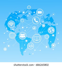 Social Media Icons Over World Map Background Network Communication Connection Concept Vector Illustration