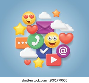 Social media icons, social platform, online communication emoji, hearts, chat clowd 3d