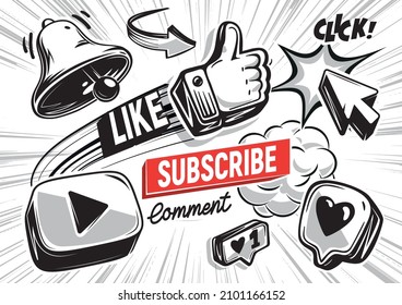 Social media icons in pop art style. Vector black and white comic illustration. Monochrome volumetric icons in flight on topic subscribe