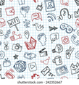 Social Media Icons seamless pattern in Doodle sketchy on Notepaper .Hand drawing set.For Backdrop,background,fabric,Wallpaper.Vector background.
