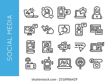 Iconos de redes sociales. Conjunto de 20 iconos minimalistas de redes sociales. Video Megáfono, me gusta, perfil de usuario, teléfono inteligente, icono de chat. Diseño de signos para la página de Web, App móvil, marketing digital. Ilustración vectorial