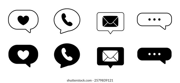Social media icons set. Communication and interaction on Internet. Call and message symbols. Like and typing interface elements. Flat vector collection isolated on white background