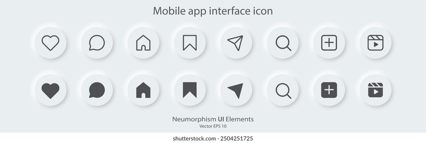 Social media icons set. Flat and line icon. A set of round buttons with symbols. 3D Neumorphism design style for apps, websites, and Interfaces. UI UX. Vector illustration.