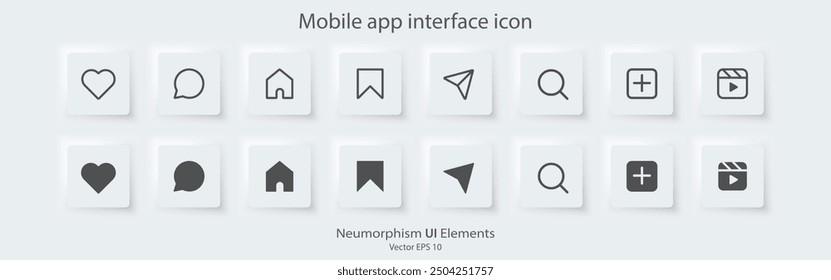 Conjunto de iconos de redes sociales. Icono plano y de línea. Un conjunto de Botones cuadrados con símbolos. Estilo de diseño de neumorfismo 3D para App, Sitios web e interfaces. UI UX Ilustración vectorial.