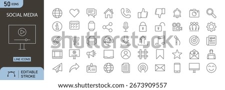 Social Media icons set. Includes icons for like, share, comment, hashtag, post, and follower. Editable stroke. Line icons. Perfect for infographics.