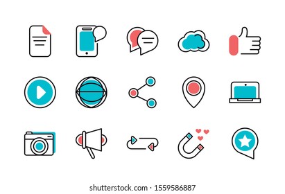 social media icons set line and fill vector illustration