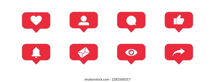 Iconos de medios sociales establecidos. Aviso de burbuja de habla roja, me gusta y comenta. Botones funcionales de colección para la aplicación de red. Icono de vector plano aislado