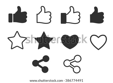 Social media icons set, share, like, follow, thumbs up, star, heart vector icon collection isolated on white background. black and white version
