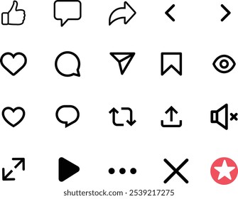 Social media icons set. Stroke icons of Like, comment buttons.