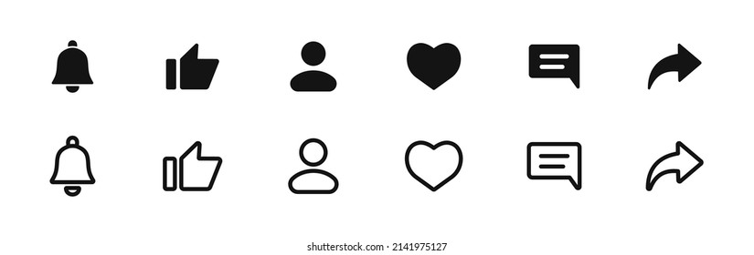 Social media icons set. Such as: notification, like, comment, share, save, subscribe, user silhouette, repost admin, text message. Social media concept. Vector illustration. EPS 10