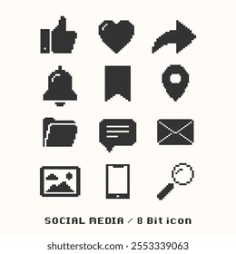 Ícones de mídia social. Conjunto de símbolos sobre curtidas, compartilhamentos, comentários, notificação, e-mail, galeria de fotos e pesquisa. Estilo de 8 bits.