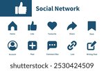 Social media icons. A set of thematic symbols about likes, shares, comments, accounts, and homes. Solids vector symbol.