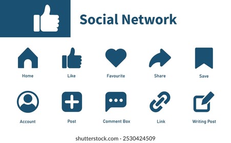 Iconos de redes sociales. Un conjunto de símbolos temáticos sobre likes, shares, comentarios, Cuentas y hogares. Símbolo de Vector sólido.