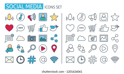 social media icons set. Thin line web symbols outline flat style for mobile app, communication, network, comment, friend, like, share, message, posting, chatting. Social media services marketing signs