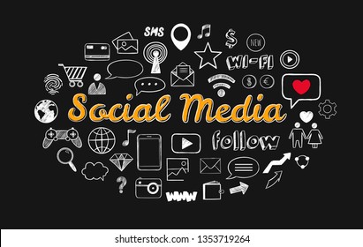 Social Media icons set. Vector hand drawn isolated objects. Doodle and sketch style . Business and communication concept