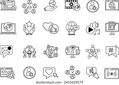 Social Media Icons Set. Vector Icons Social Networks, Add Friend, Like, New Message, Blog Music, Marketing, Hashtag, App, Trend, Communication and Other