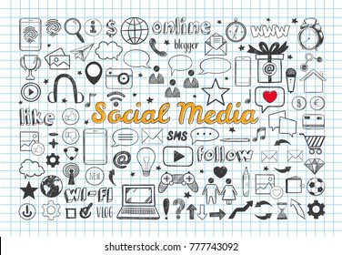 Social Media icons set. Vector hand drawn isolated objects. Doodle and sketch style .