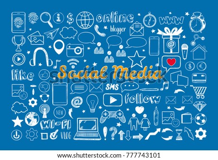 Social Media icons set. Vector hand drawn isolated objects. Doodle and sketch style .