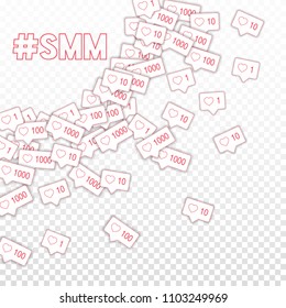 Social media icons. Smm concept. Falling pink like counter. Radiant left top corner elements on transparent grid background.
