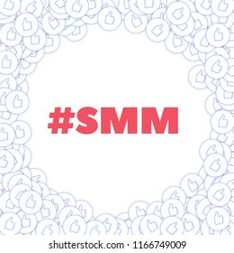 Social media icons. Smm concept. Falling scattered thumbs up. Corner frame elements on white background.