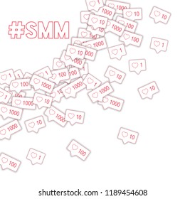 Social media icons. Smm concept. Falling pink like counter. Radiant left top corner elements on white background.