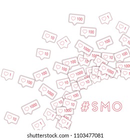 Social media icons. Smo concept. Falling pink like counter. Radiant right bottom corner elements on white background.