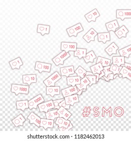 Social media icons. Smo concept. Falling counter comment friend notification. Radiant right bottom corner elements on transparent grid background.